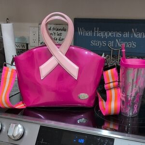 Beijo Fuchsia Handbag with Silver Accent Breast Cancer Edition With Tumbler!